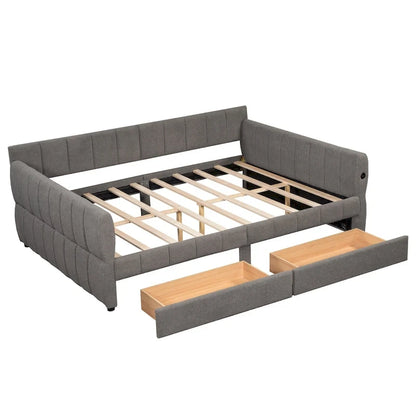 Queen Size Upholstered Platform Bed with USB Port and 2 Drawers, Wood Daybed Frame with Backrest Design, No Box Spring Needed