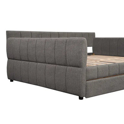 Queen Size Upholstered Platform Bed with USB Port and 2 Drawers, Wood Daybed Frame with Backrest Design, No Box Spring Needed