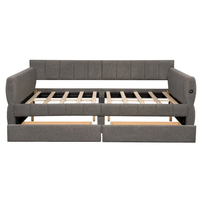 Queen Size Upholstered Platform Bed with USB Port and 2 Drawers, Wood Daybed Frame with Backrest Design, No Box Spring Needed