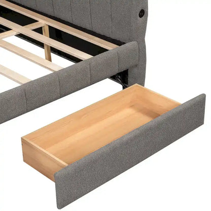 Queen Size Upholstered Platform Bed with USB Port and 2 Drawers, Wood Daybed Frame with Backrest Design, No Box Spring Needed