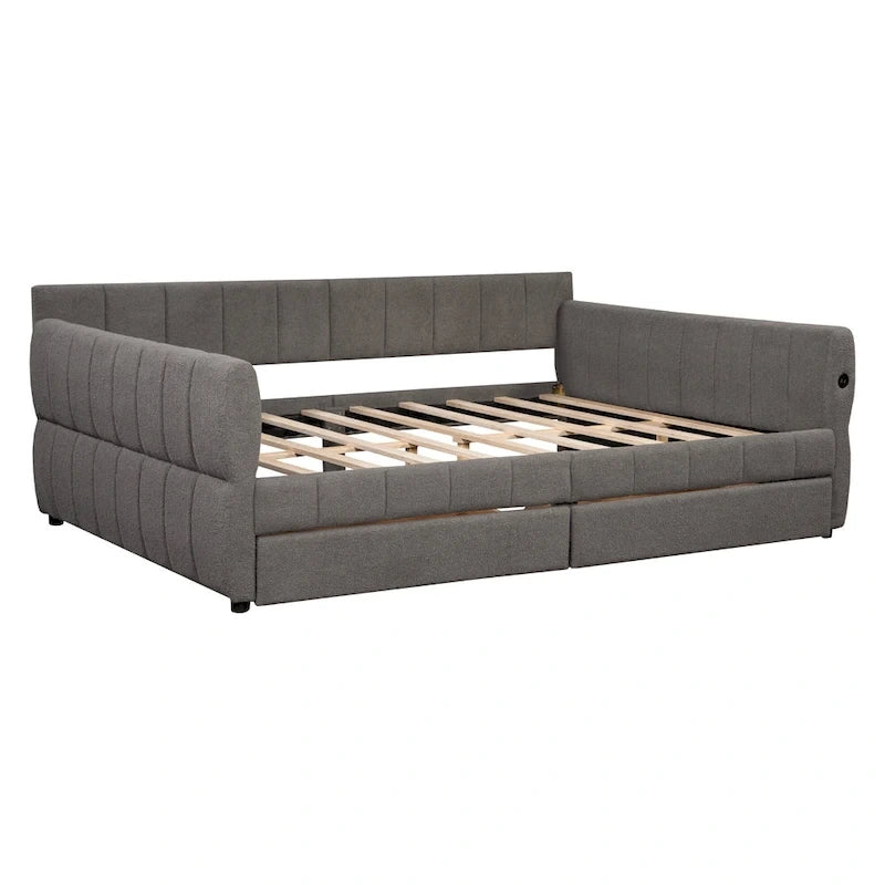 Queen Size Upholstered Platform Bed with USB Port and 2 Drawers, Wood Daybed Frame with Backrest Design, No Box Spring Needed