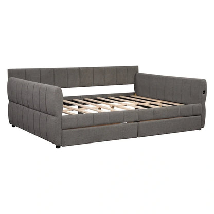 Queen Size Upholstered Platform Bed with USB Port and 2 Drawers, Wood Daybed Frame with Backrest Design, No Box Spring Needed