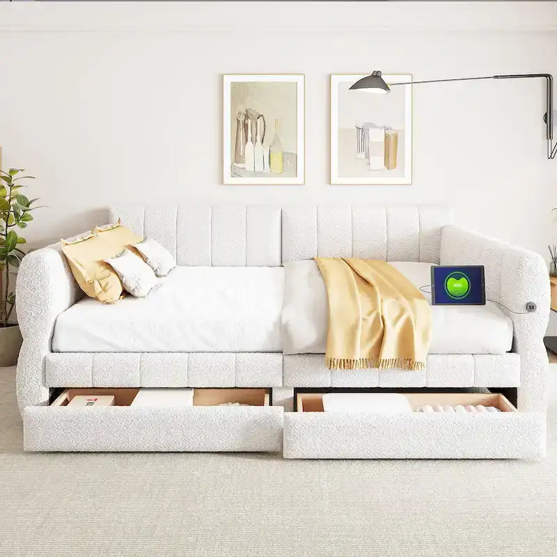 Queen Size Upholstered Platform Bed with USB Port and 2 Drawers, Wood Daybed Frame with Backrest Design, No Box Spring Needed