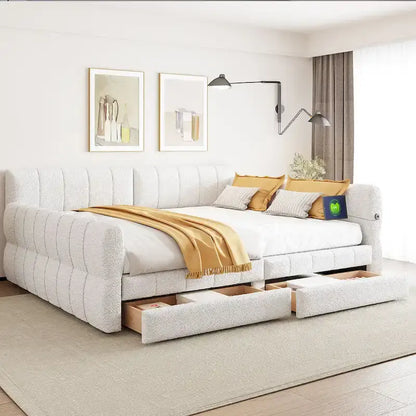 Queen Size Upholstered Platform Bed with USB Port and 2 Drawers, Wood Daybed Frame with Backrest Design, No Box Spring Needed