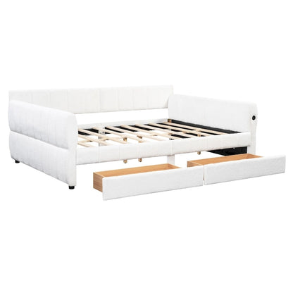 Queen Size Upholstered Platform Bed with USB Port and 2 Drawers, Wood Daybed Frame with Backrest Design, No Box Spring Needed