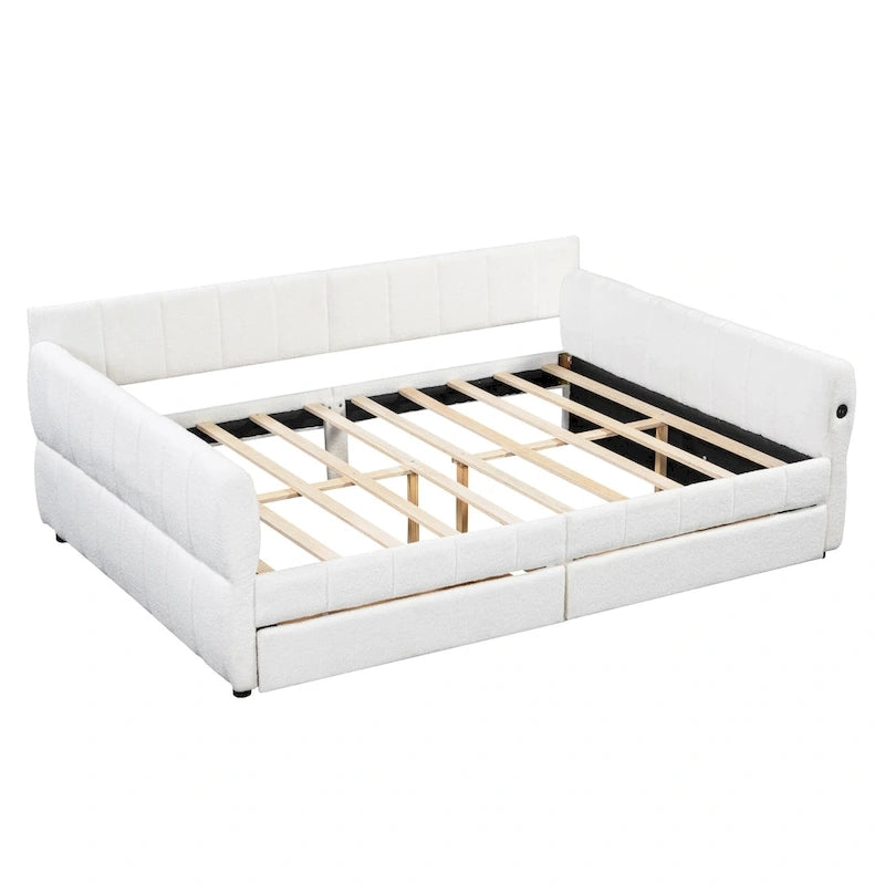 Queen Size Upholstered Platform Bed with USB Port and 2 Drawers, Wood Daybed Frame with Backrest Design, No Box Spring Needed