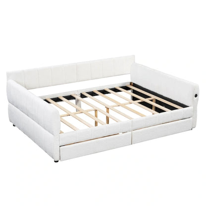 Queen Size Upholstered Platform Bed with USB Port and 2 Drawers, Wood Daybed Frame with Backrest Design, No Box Spring Needed