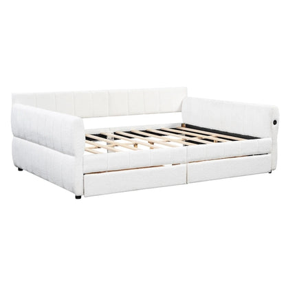 Queen Size Upholstered Platform Bed with USB Port and 2 Drawers, Wood Daybed Frame with Backrest Design, No Box Spring Needed
