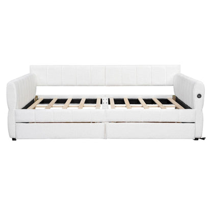 Queen Size Upholstered Platform Bed with USB Port and 2 Drawers, Wood Daybed Frame with Backrest Design, No Box Spring Needed