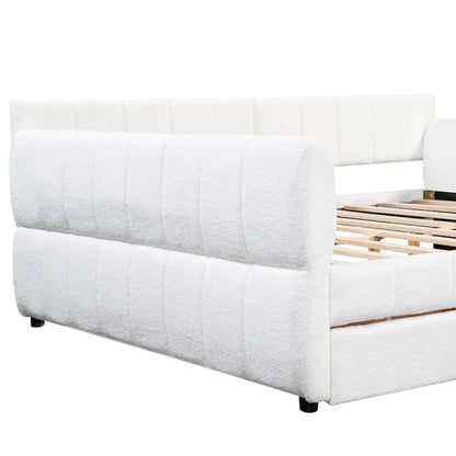 Queen Size Upholstered Platform Bed with USB Port and 2 Drawers, Wood Daybed Frame with Backrest Design, No Box Spring Needed
