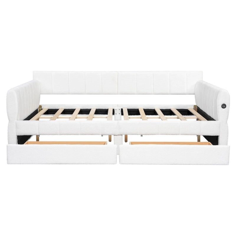 Queen Size Upholstered Platform Bed with USB Port and 2 Drawers, Wood Daybed Frame with Backrest Design, No Box Spring Needed