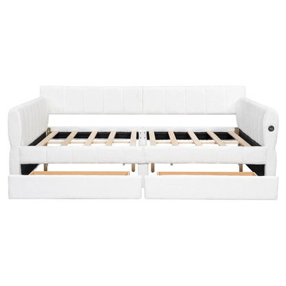 Queen Size Upholstered Platform Bed with USB Port and 2 Drawers, Wood Daybed Frame with Backrest Design, No Box Spring Needed
