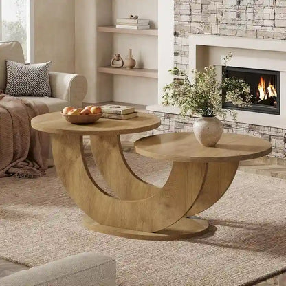 45.27 Inches Natural Engineered Wood Coffee Table with U Shaped Base, 2-Tier Farmhouse Tea Table for Living Room