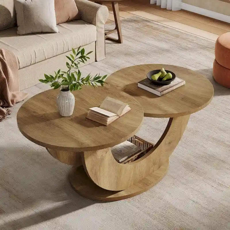 45.27 Inches Natural Engineered Wood Coffee Table with U Shaped Base, 2-Tier Farmhouse Tea Table for Living Room