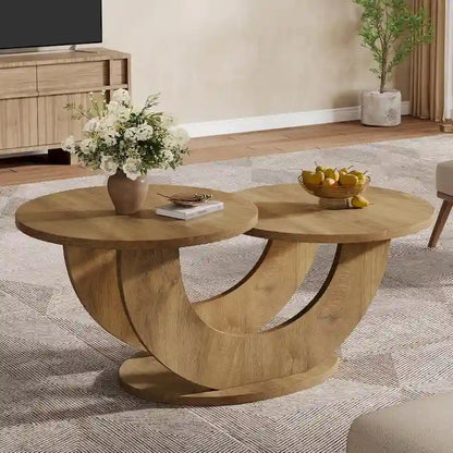 45.27 Inches Natural Engineered Wood Coffee Table with U Shaped Base, 2-Tier Farmhouse Tea Table for Living Room