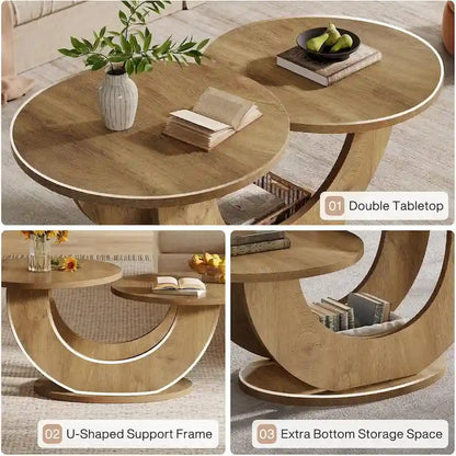 45.27 Inches Natural Engineered Wood Coffee Table with U Shaped Base, 2-Tier Farmhouse Tea Table for Living Room