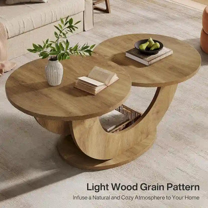 45.27 Inches Natural Engineered Wood Coffee Table with U Shaped Base, 2-Tier Farmhouse Tea Table for Living Room