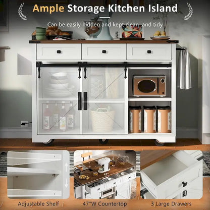 53.7 Farmhouse Kitchen Island With Power Outlet and Sliding Barn Doors, Rustic Storage Island With Drop Leaf and Drawers