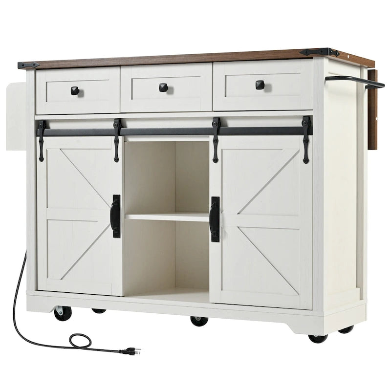 53.7 Farmhouse Kitchen Island With Power Outlet and Sliding Barn Doors, Rustic Storage Island With Drop Leaf and Drawers