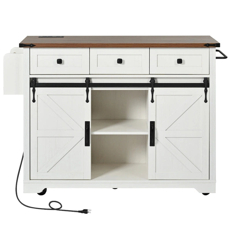 53.7 Farmhouse Kitchen Island With Power Outlet and Sliding Barn Doors, Rustic Storage Island With Drop Leaf and Drawers