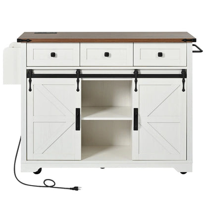 53.7 Farmhouse Kitchen Island With Power Outlet and Sliding Barn Doors, Rustic Storage Island With Drop Leaf and Drawers
