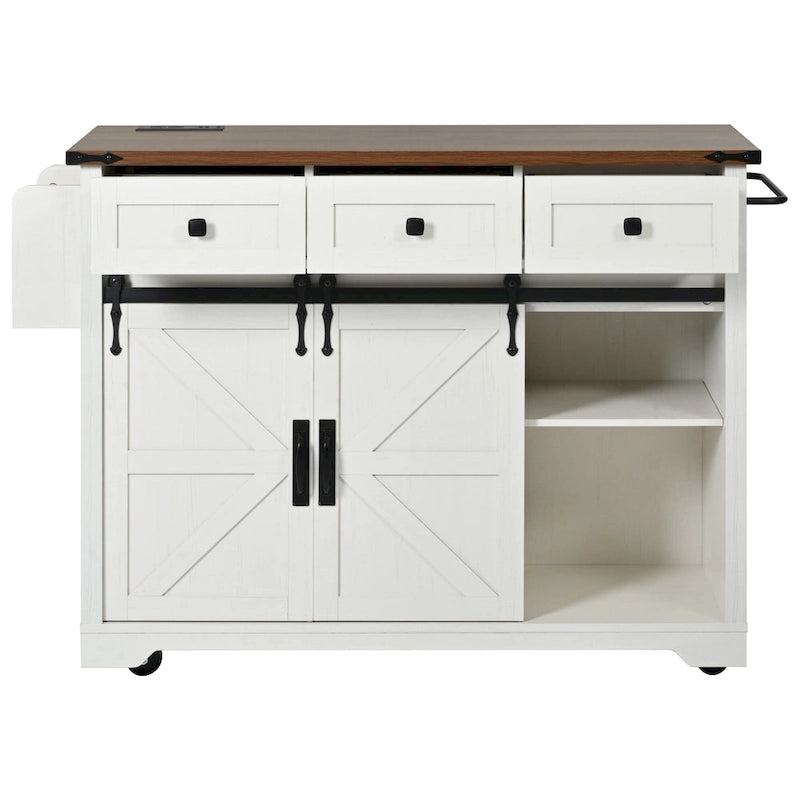 53.7 Farmhouse Kitchen Island With Power Outlet and Sliding Barn Doors, Rustic Storage Island With Drop Leaf and Drawers