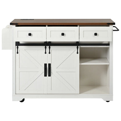 53.7 Farmhouse Kitchen Island With Power Outlet and Sliding Barn Doors, Rustic Storage Island With Drop Leaf and Drawers