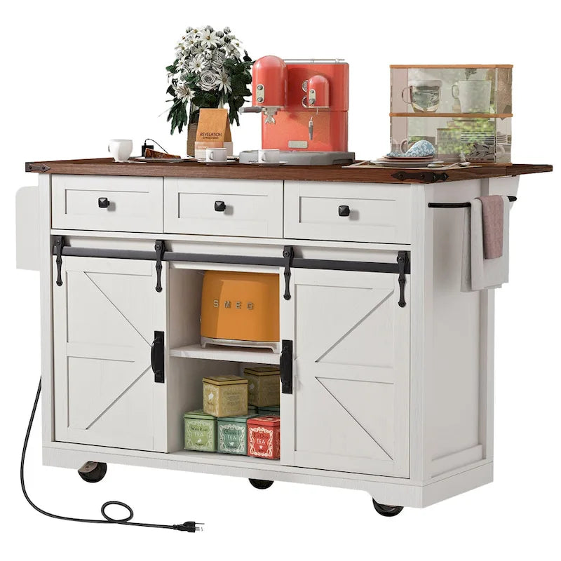 53.7 Farmhouse Kitchen Island With Power Outlet and Sliding Barn Doors, Rustic Storage Island With Drop Leaf and Drawers