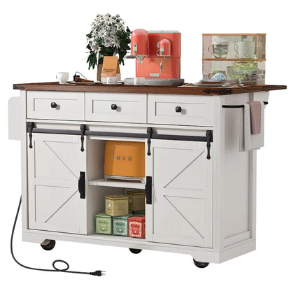 53.7 Farmhouse Kitchen Island With Power Outlet and Sliding Barn Doors, Rustic Storage Island With Drop Leaf and Drawers