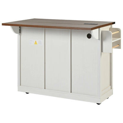 53.7 Farmhouse Kitchen Island With Power Outlet and Sliding Barn Doors, Rustic Storage Island With Drop Leaf and Drawers
