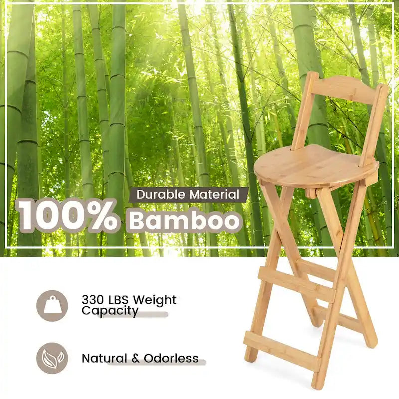 Gymax Set of 2 Bamboo Folding Barstools Counter Height Dining Chairs