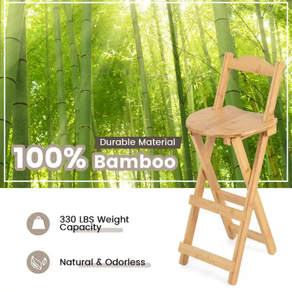 Gymax Set of 2 Bamboo Folding Barstools Counter Height Dining Chairs