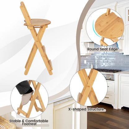 Gymax Set of 2 Bamboo Folding Barstools Counter Height Dining Chairs