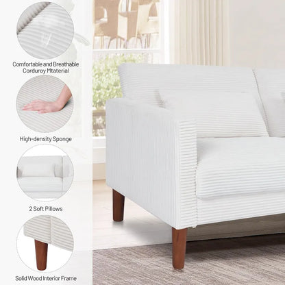 Retro 74 in. Comfy Corduroy Rectangle 2-Seater Loveseat with Solid Wood & 2 Pillows, 4 Color Optional