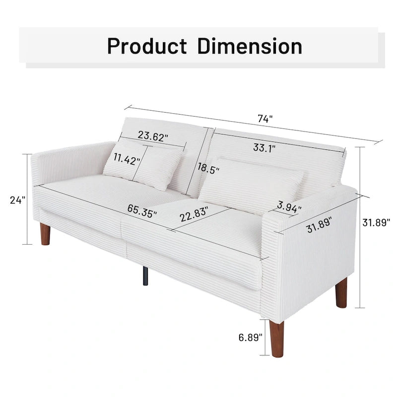 Retro 74 in. Comfy Corduroy Rectangle 2-Seater Loveseat with Solid Wood & 2 Pillows, 4 Color Optional