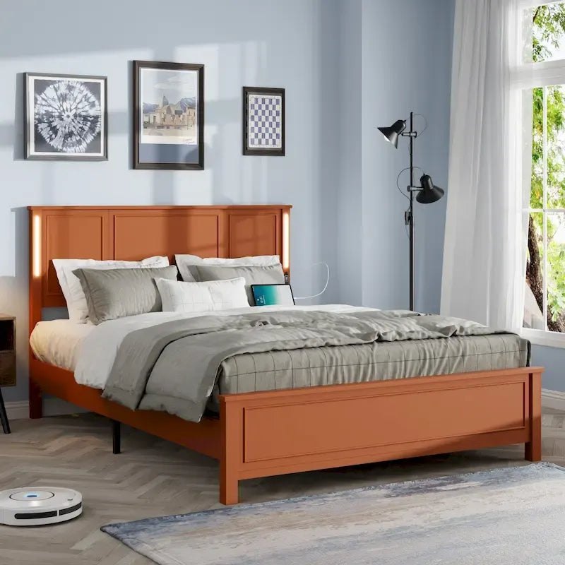 Queen Size Platform Bed with Wood Headboard and Charger