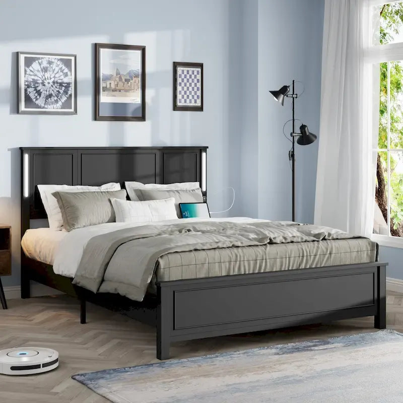 Queen Size Platform Bed with Wood Headboard and Charger