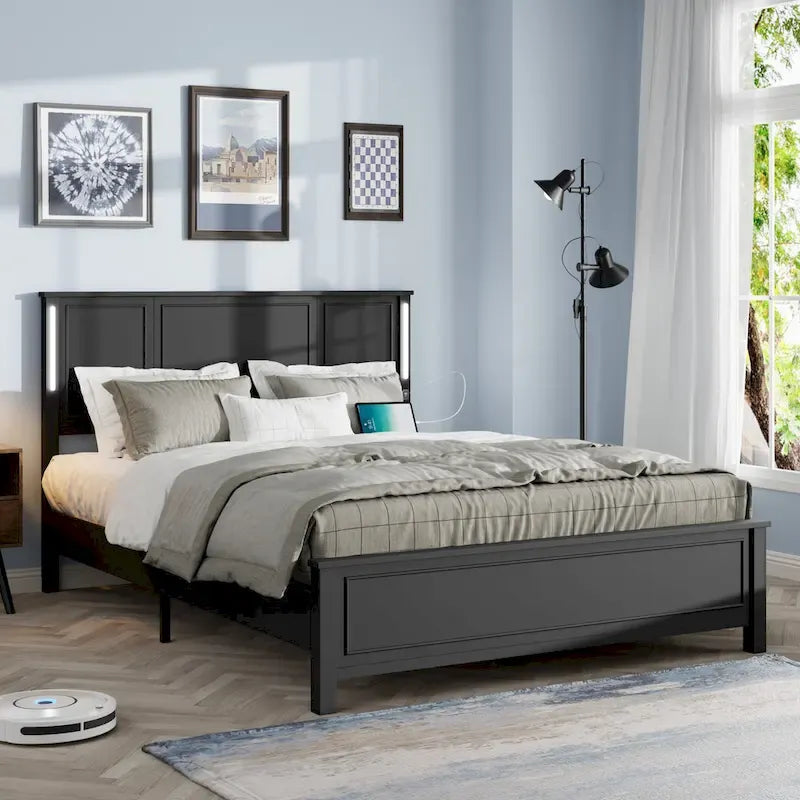 Queen Size Platform Bed with Wood Headboard and Charger