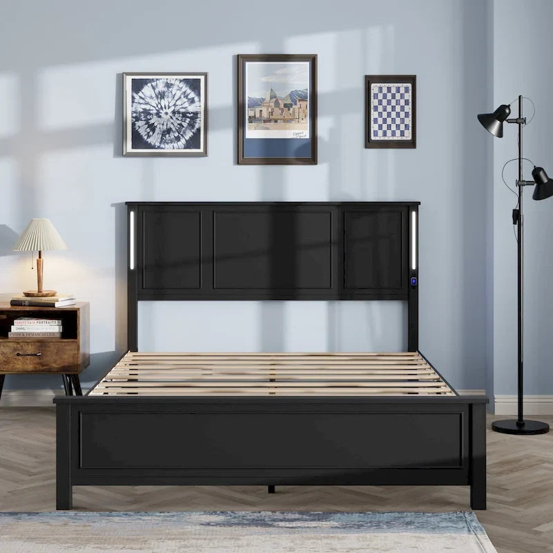 Queen Size Platform Bed with Wood Headboard and Charger
