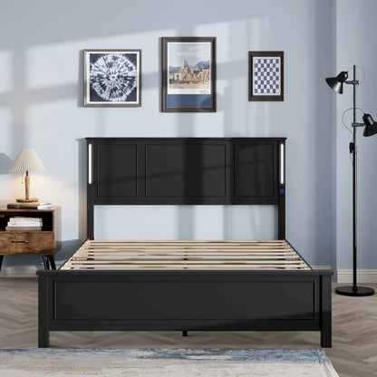 Queen Size Platform Bed with Wood Headboard and Charger