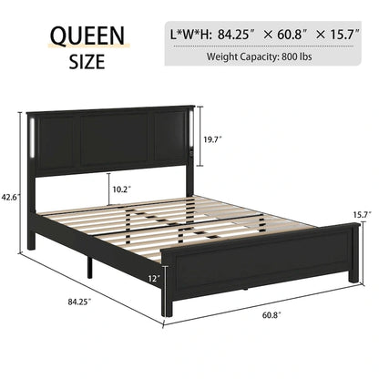 Queen Size Platform Bed with Wood Headboard and Charger
