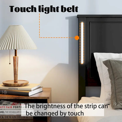 Queen Size Platform Bed with Wood Headboard and Charger