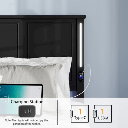 Queen Size Platform Bed with Wood Headboard and Charger