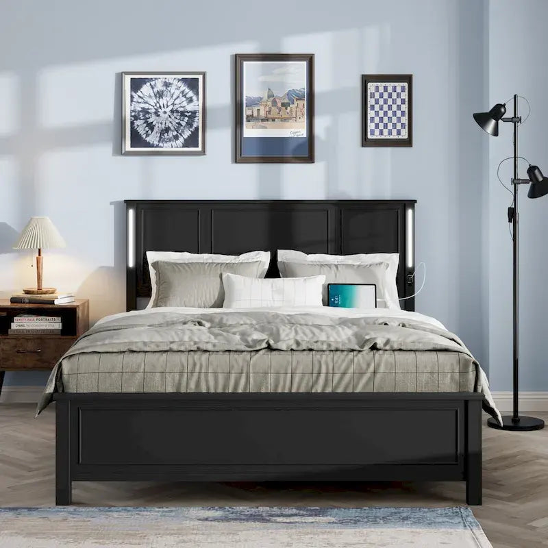 Queen Size Platform Bed with Wood Headboard and Charger