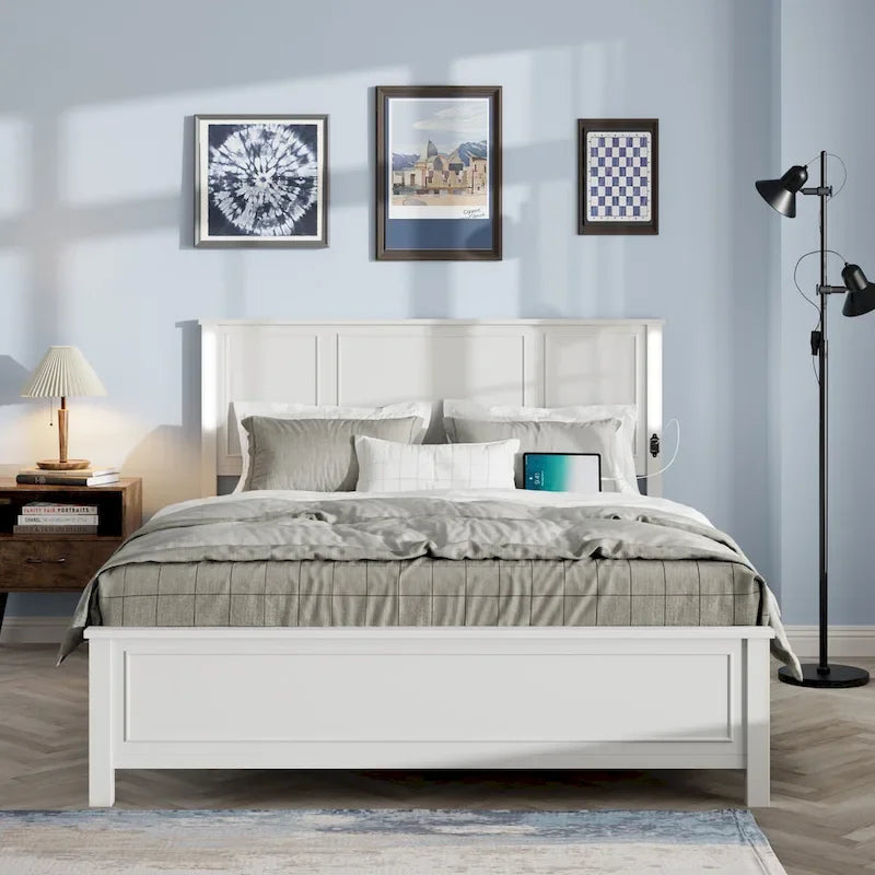 Queen Size Platform Bed with Wood Headboard and Charger