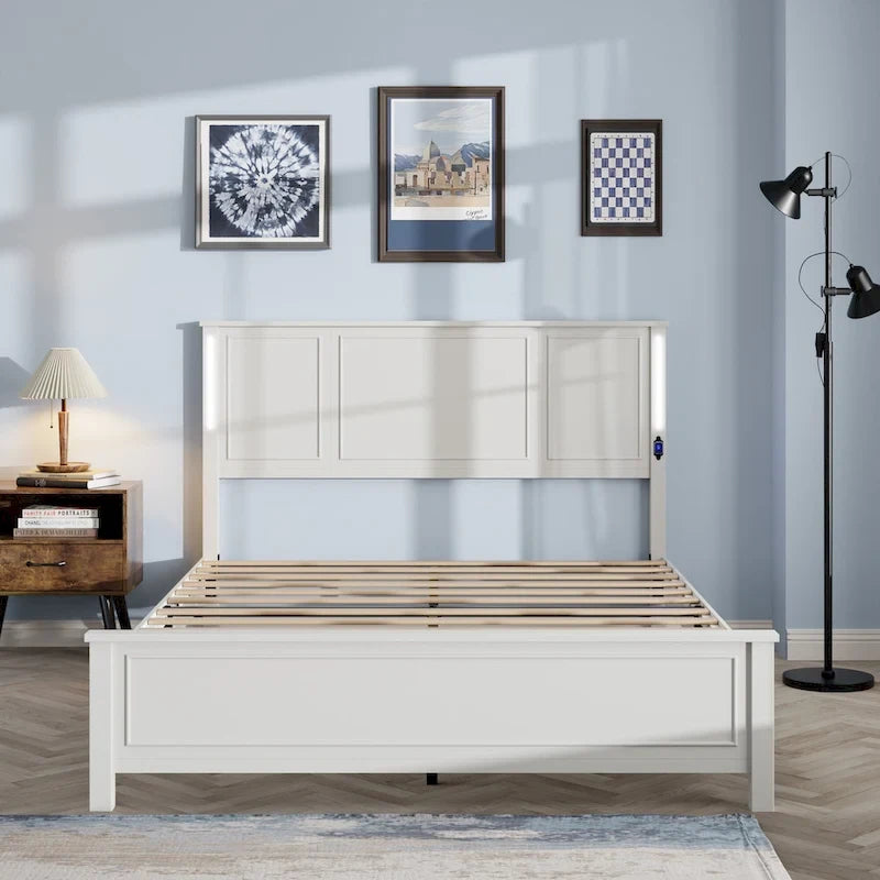 Queen Size Platform Bed with Wood Headboard and Charger