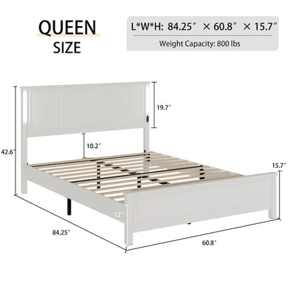 Queen Size Platform Bed with Wood Headboard and Charger