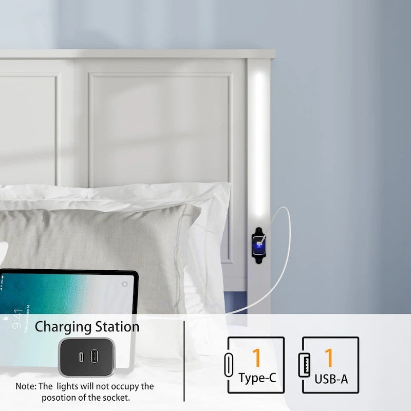 Queen Size Platform Bed with Wood Headboard and Charger