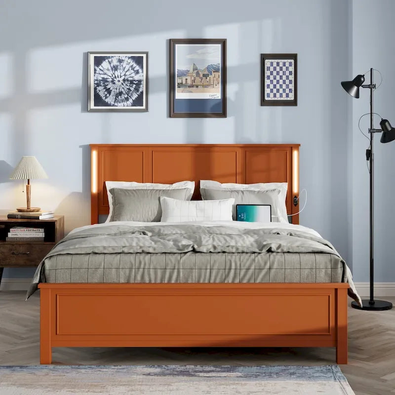 Queen Size Platform Bed with Wood Headboard and Charger