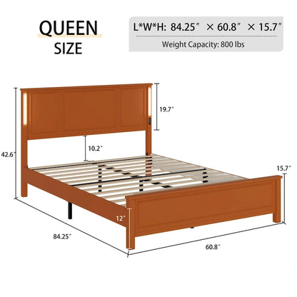 Queen Size Platform Bed with Wood Headboard and Charger